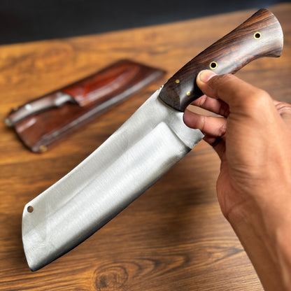 hand-forged meat and bone cleaver knife butcher heavy duty carbon steel close up