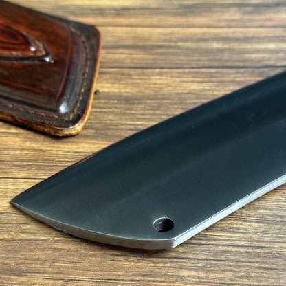 hand-forged meat and bone cleaver knife rosewood handle leather sheath complete set