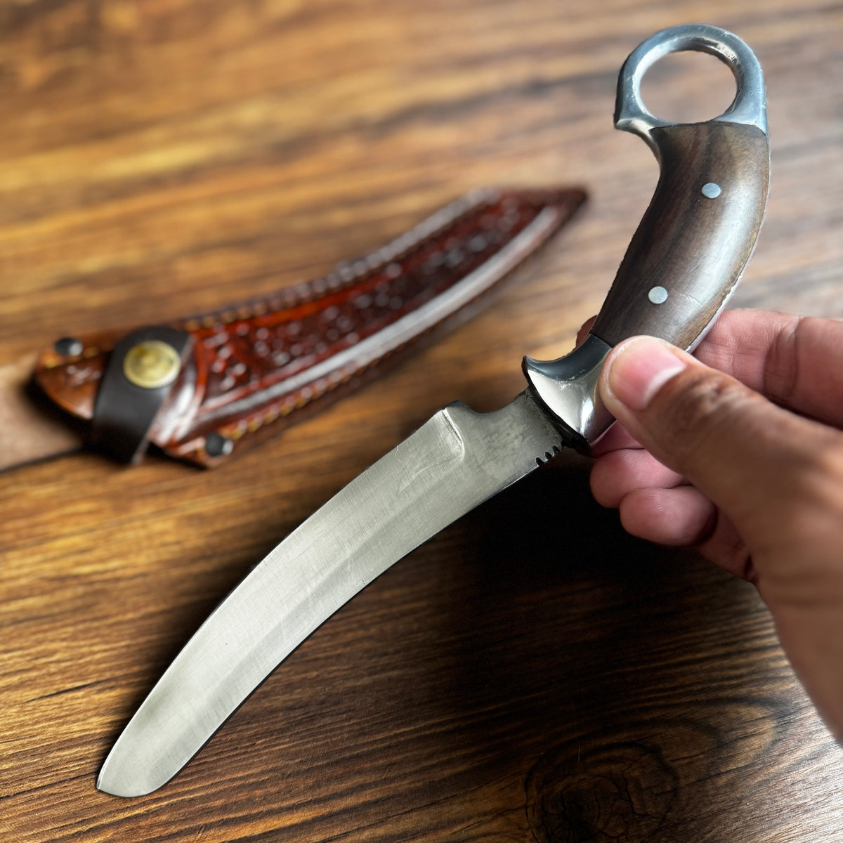 batik leather sheath hand-forged skinning knife leather sheath hand stitched indonesian motif