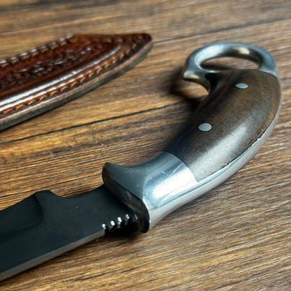 rosewood handle hand-forged skinning knife leather sheath traditional hand carved detail