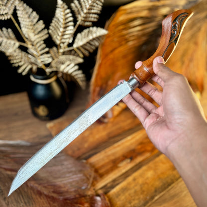 hand carved Rasamala wood sheath hand-forged Indonesian Laduk knife batik motif
