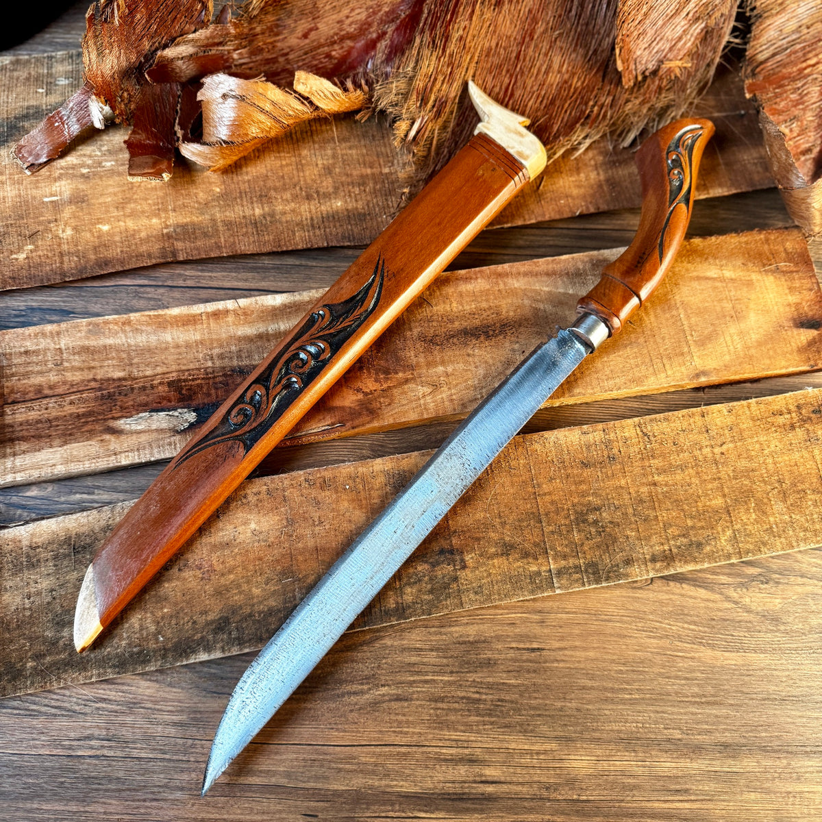 hand-forged Indonesian Laduk knife Rasamala handle batik sheath complete set