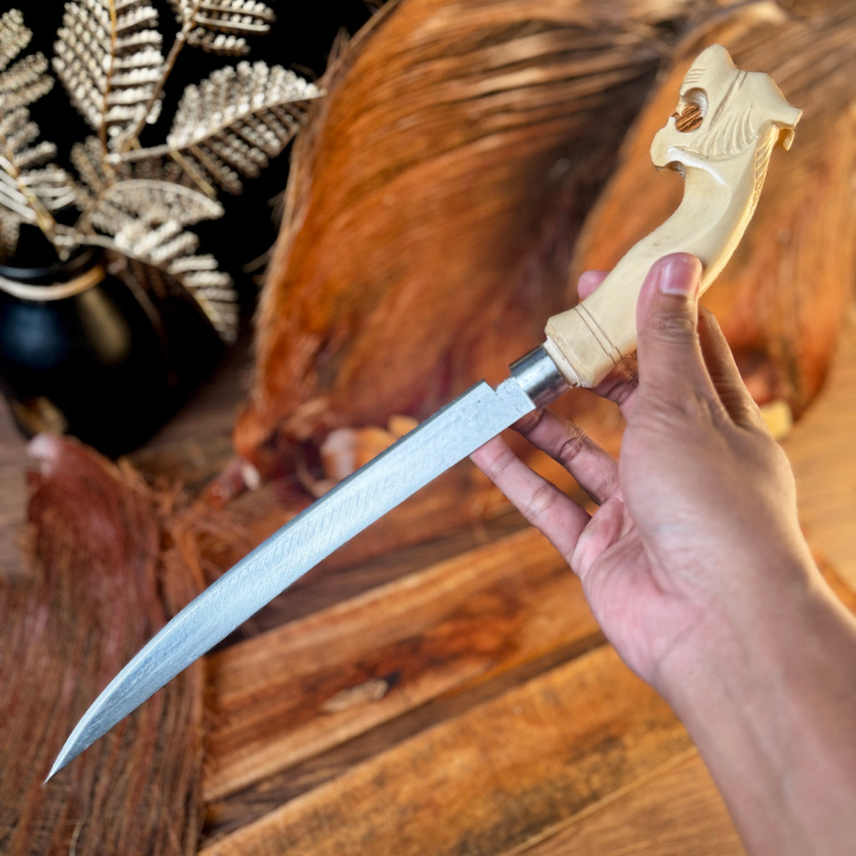 hand carved coffee wood sheath hand-forged Indonesian Laduk knife batik motif