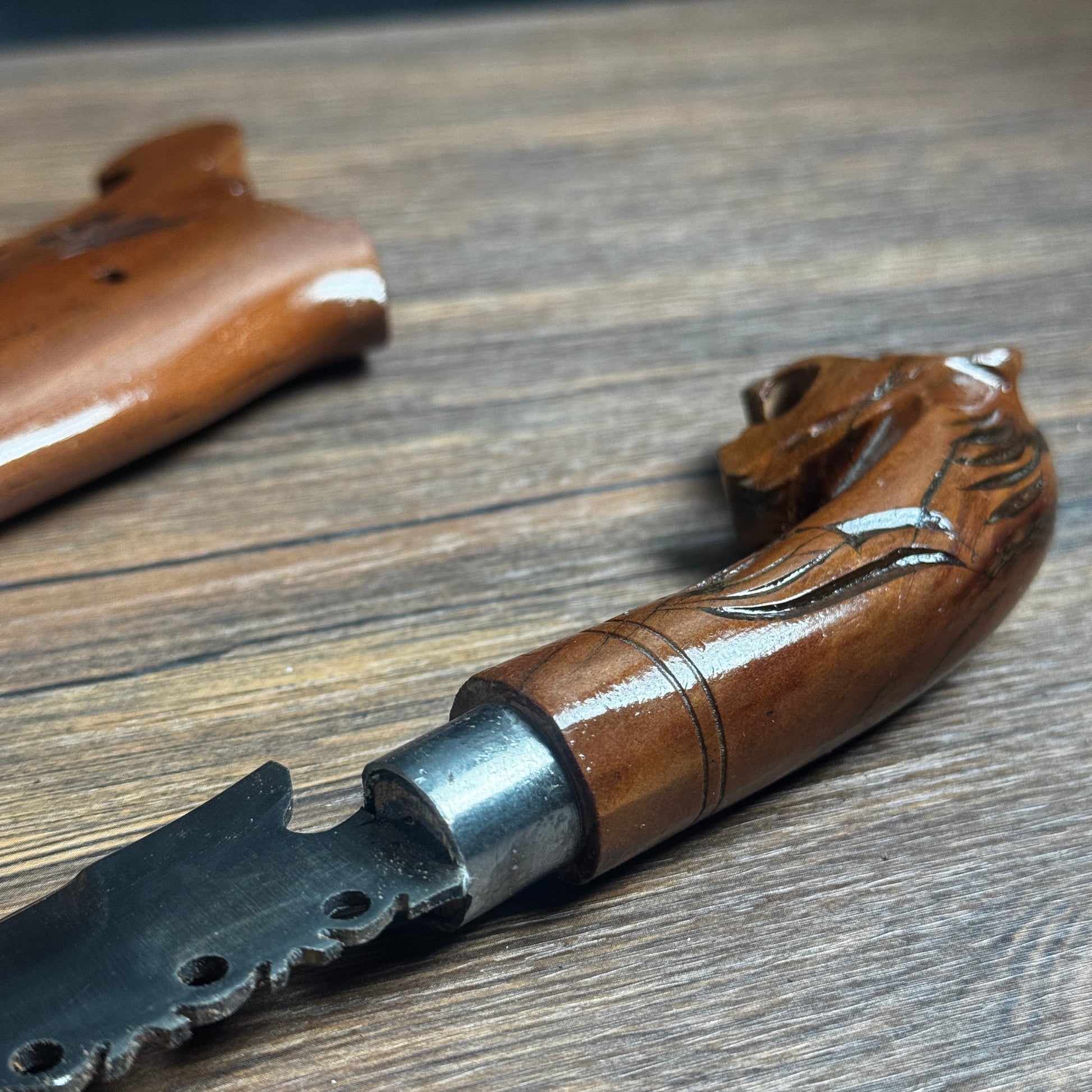 fixed blade knife fixed blade knife hand forged steel lion handle close up detail