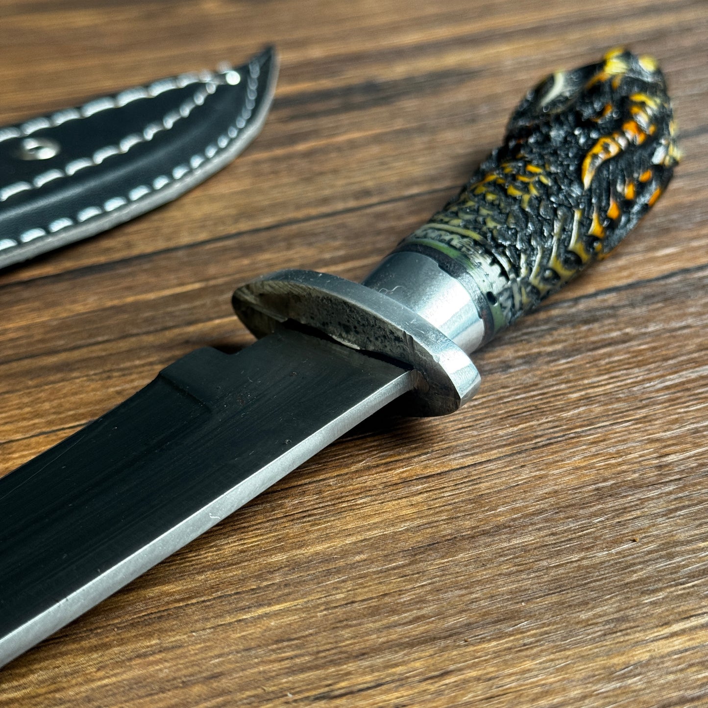 fixed blade knife fixed blade knife hand forged spring steel dragon handle close up detail