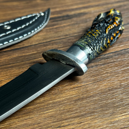 fixed blade knife fixed blade knife hand forged spring steel dragon handle close up detail