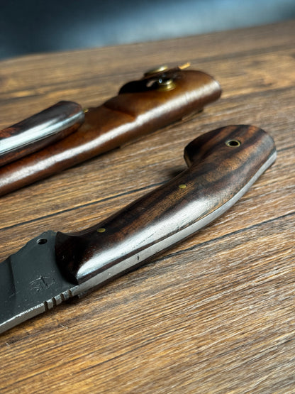 full tang butcher knife rosewood handle close up detail